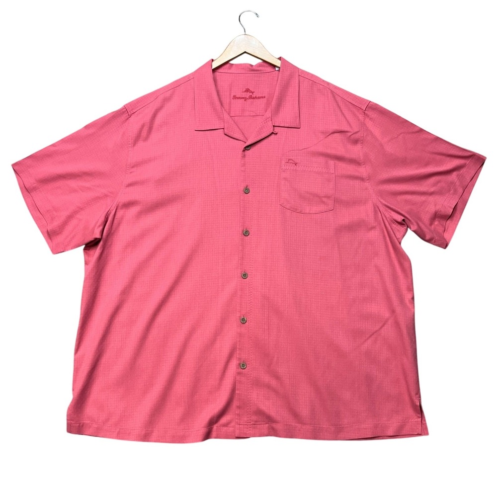 Tommy Bahama Camp Shirt Mens 3XLB Coral Pink Silk Blend Textured Short Sleeve